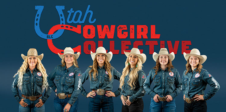 Six cowgirls posing in chaps standing in front of a navy background with the Utah Cowgirl Collective logo.